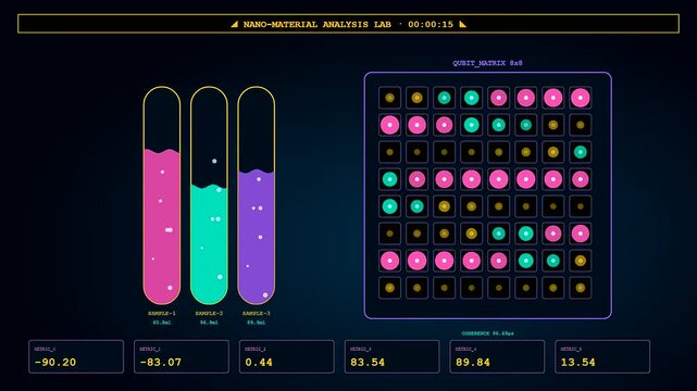 A detailed Quantum Material Design interface displays fluctuating analytical data streams across three distinct analytical phases with glowing neon elements against a deep dark background environment