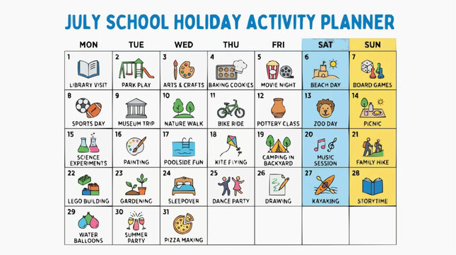 July school holiday activity planner with icons and dates for various fun and educational activities for children school holidays time management