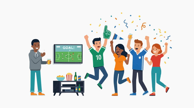 Diverse group of friends and family cheering and celebrating a goal while watching a soccer game on tv with snacks and drinks watching tv cheering