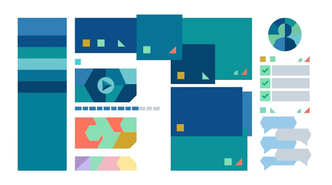 Professional user interface design for a modular learning management system featuring dashboard components and geometric icons