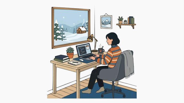 Person working on a laptop at a desk during winter with work from home remote work home office computer lifestyle illustration freelance