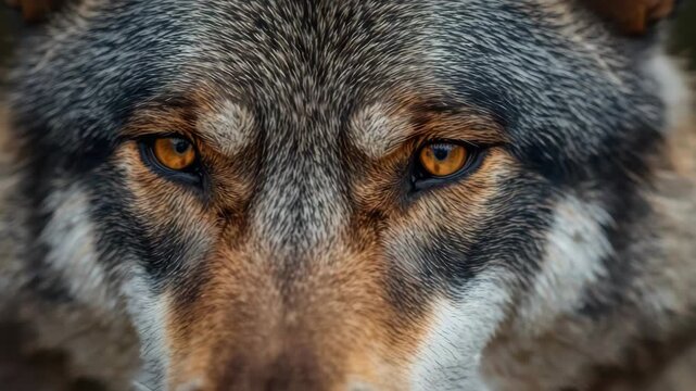 Gray wolf portrait close up with intense amber eye, intense wolf gaze with textured fur and focused