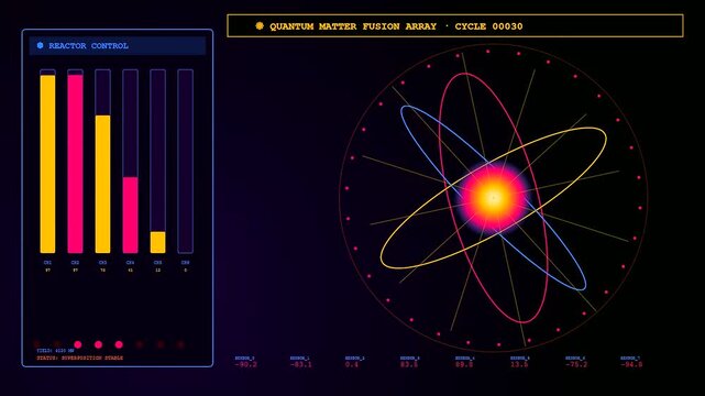Futuristic interface showing a complex Quantum Material Design simulation. Neon bars oscillate and orbital rings rotate around a glowing energetic core during intense high-speed scientific math.