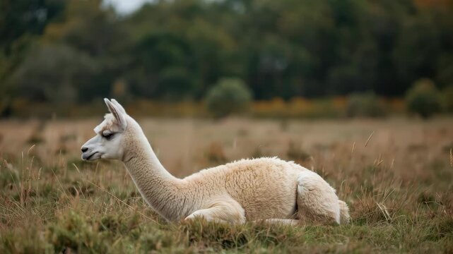 Young white alpaca resting grassy meadow pasture with calm expression animal mammal livestock grass
