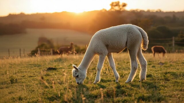 Young alpaca grazing in golden hour pasture at sunset field with soft warm light and white fleece