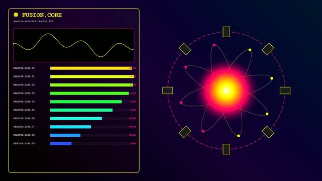 An intricate digital dashboard showcasing Quantum Material Design features animated wave graphs and shifting progress bars that monitor a glowing atomic fusion core in real time.