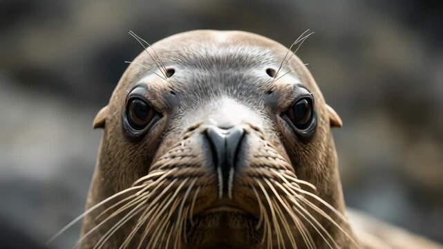 Young brown seal close up portrait with detailed whisker and glossy eye, marine mammal intrigue