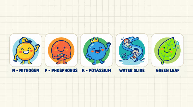 Cartoon plant nutrient icons smiling faces.