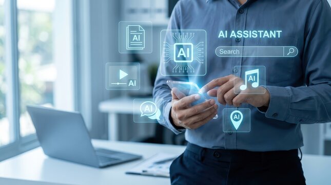 AI Assistant Holographic Interface on Smartphone in Modern Office Workspace