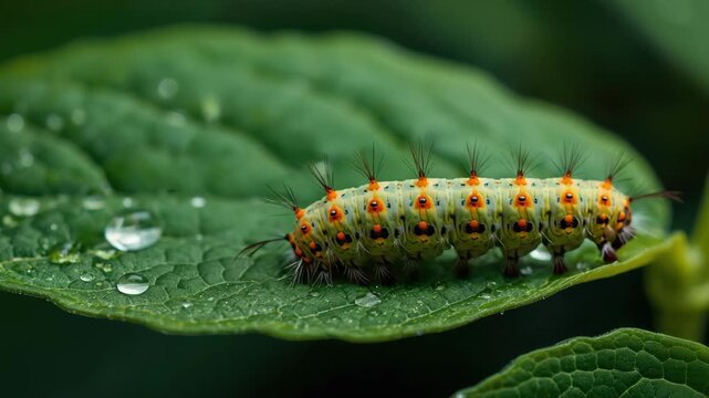Green caterpillar larva with orange markings and water droplets vivid green leaf colorful insect