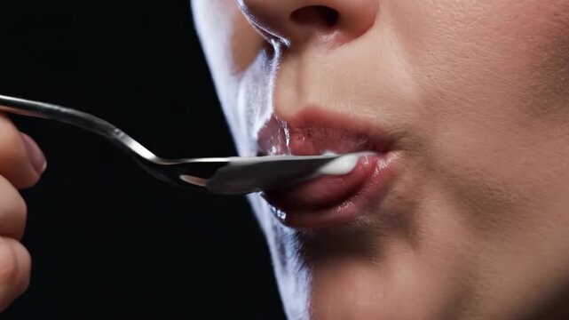 Close-up of a person enjoying a spoonful of delicious cookies and cream ice cream.