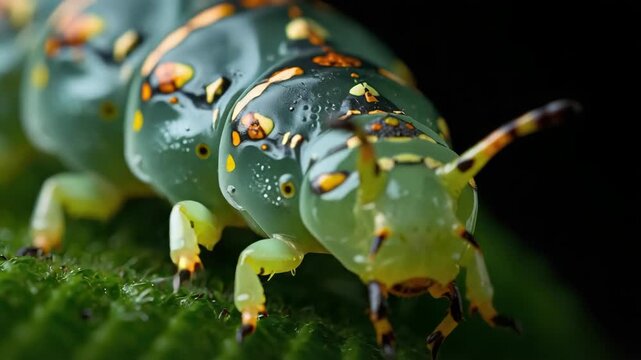 Green caterpillar macro close up on mossy leaf showing yellow spots and detailed texture