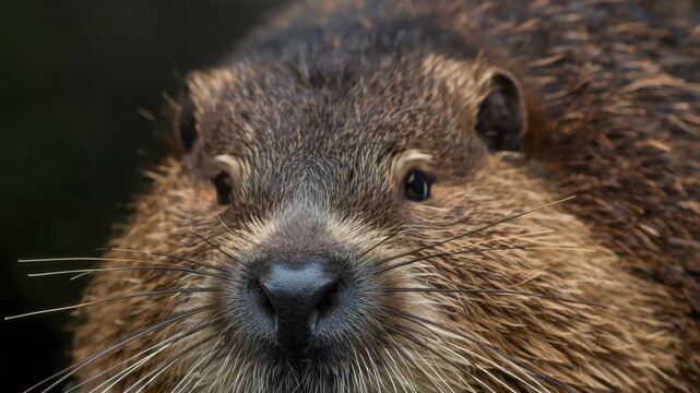Beaver rodent mammal wildlife close up portrait wet fur whisker detail calm expressive gaze with