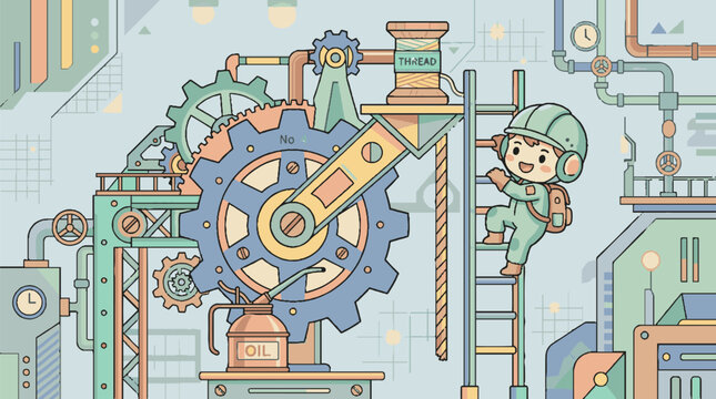 Cartoon character near industrial gear machinery.