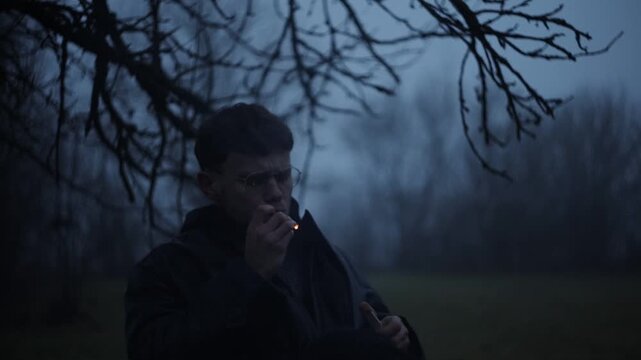 A lonely man smokes in a courtyard at dusk, an arthouse mystical scene