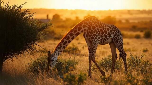 Giraffe grazing in golden savanna at sunset with warm golden light and long neck in peaceful habitat