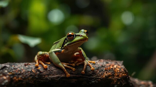 Green tree frog with orange toes on mossy bark and log, rainforest amphibian in soft green bokeh