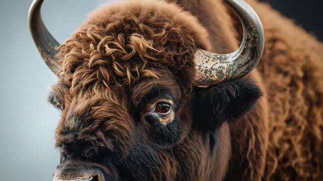 Majestic brown bison close up portrait with textured fur, curved horn and intense gaze mammal