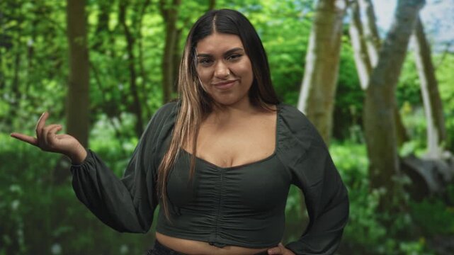 Woman plus size with visible cleavage wearing green top, gesturing a hand flick and shrug while smirking among trees in forest; confidence.
