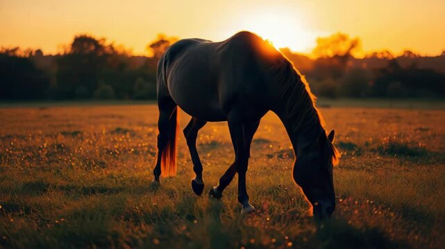 Golden horse grazing in sunset meadow with warm backlight silhouette and sunlit glowing atmosphere