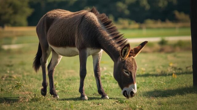 Young donkey grazing peacefully in sunlit meadow with soft bokeh warmth grazing animal pasture grass