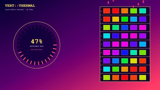 Building Heat Loss analysis visualization featuring changing numerical efficiency metrics and color grid patterns. Represents thermal variations within a high-rise architecture data system.