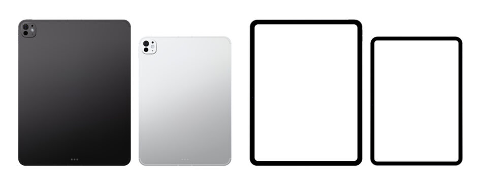 Photorealistic detailed modern black and silver tablet mockup pack. Front and rear view isolated on transparent background. Vector PNG