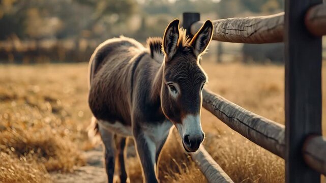 Young donkey grazing beside wooden fence on farm pasture at sunset peaceful animal foal scene