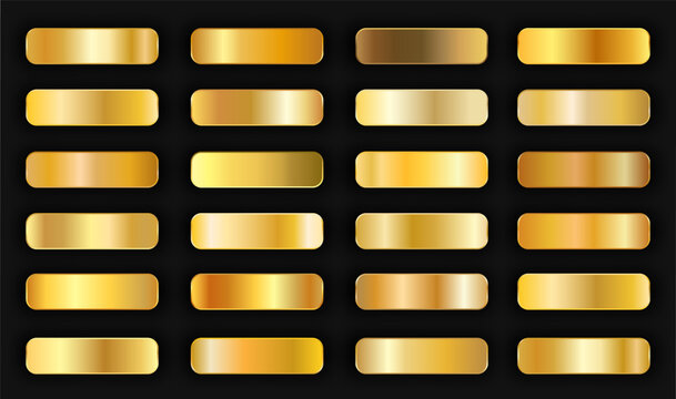 Realistic gold gradient texture pack 24 in 1. Fill and stroke effects. Shiny golden metal foil gradient set. Golden buttons with shadows. Vector illustration
