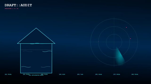 Digital Building Heat Loss analysis interface displaying thermal fluctuations and pressure metrics across scanning panels. Demonstrates structural efficiency and energy auditing software.