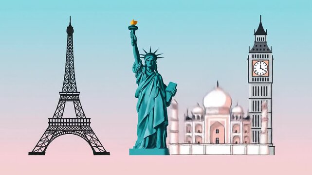 Animated sequence of famous landmarks appearing against a gradient background