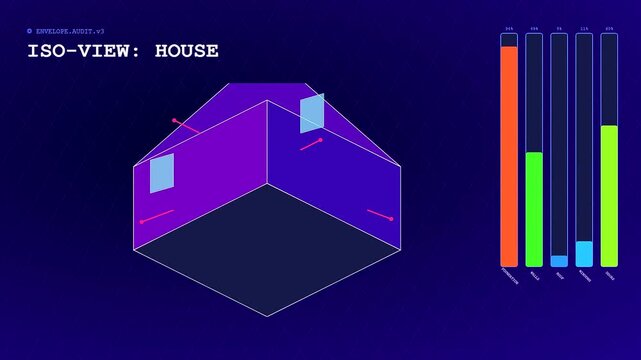 Innovative Building Heat Loss analytics visualized via digital interface transitions. Demonstrates thermal efficiency variations in architectural structures for engineering and design research.