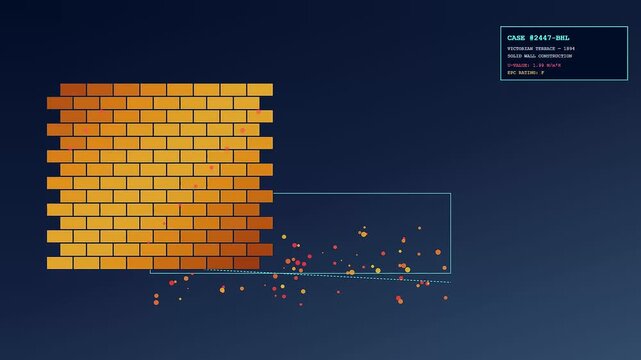 A digital simulation showing Building Heat Loss in a brick wall structure as colorful energy particles shift across the screen to reveal varying thermal efficiency levels