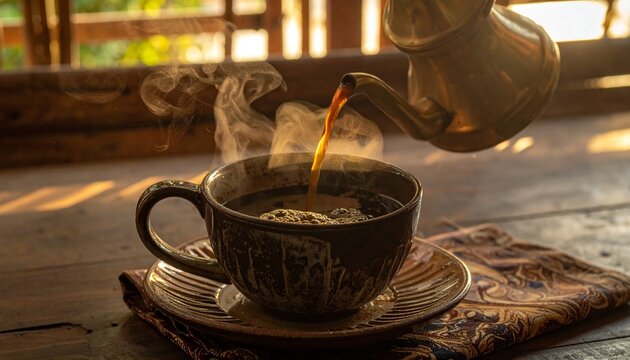 Traditional Javanese brass kettle pouring hot water into a ceramic cup of kopi tubruk. Steam and swirling grounds capture the heritage coffee ritual for premium artisanal coffee branding.