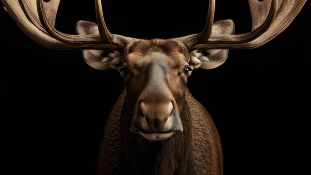 Majestic moose portrait with large antler silhouette dramatic low key lighting calm brown fur