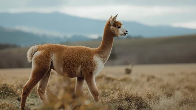 Young brown alpaca standing grassy highland meadow with soft wool fleece and camelid fleece animal