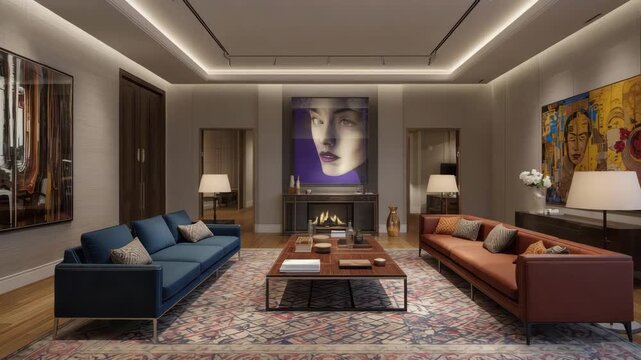 Modern living room with paired sofa and couch, coffee table, fireplace and contemporary art