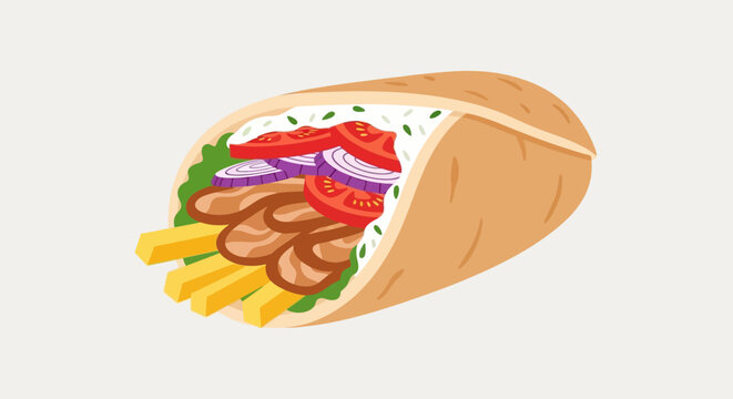 Delicious Gyro Wrap Sandwich with Meat, Vegetables, and Fries - Illustration
