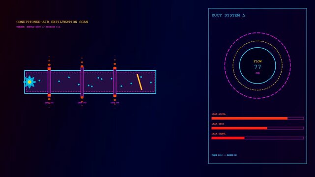 A digital Building Heat Loss analysis interface displays fluctuating airflow data and pressure levels across modular duct segments within a modern virtual diagnostic system monitoring environment