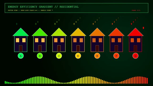 Digital graphic visualization depicting Building Heat Loss performance metrics across residential homes. Uses an energy efficiency gradient interface with simulated thermal wave patterns.