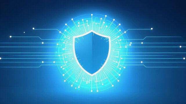 Blue digital shield with glowing circuitry, radiant cybersecurity network protection technology