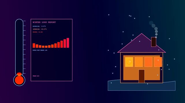 A dynamic Building Heat Loss infographic displays temperature fluctuations inside a house during a cold winter storm with animated charts showing thermal insulation and energy efficiency performance