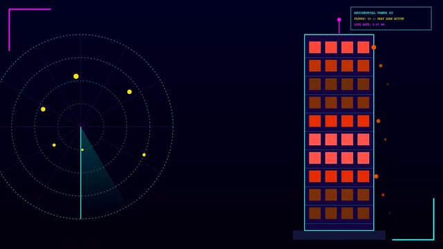 Advanced Building Heat Loss thermal mapping software displays energy efficiency analysis on a digital interface showing residential tower insulation leaks using radar monitoring sensors for architects