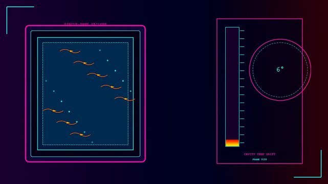 A digital Building Heat Loss visualization shows cooling thermal data points drifting across multiple frames in a complex analytical monitor interface used for engineering site surveillance