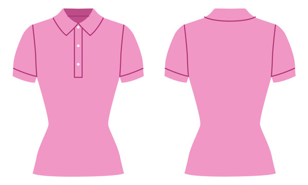Pink fitted polo shirt with structured collar, button placket short sleeves with smooth silhouette and refined construction. Technical fashion illustration in flat color, front and back views. Vector