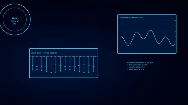 Innovative Building Heat Loss analysis interface displaying complex thermal data metrics through animated digital graphs and floor slab sensors. For modern energy management monitoring.