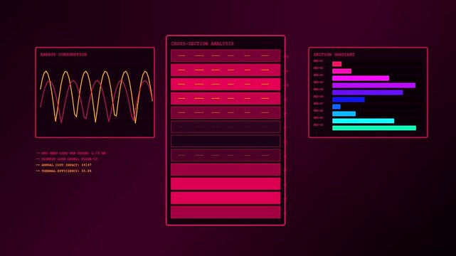 Innovative Building Heat Loss monitoring software displaying complex energy consumption graphs and structural efficiency data. Futuristic digital interface for project performance analysis.