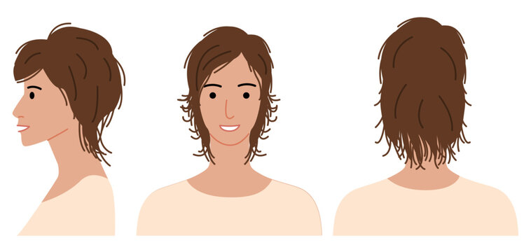 Mullet hairstyle flat vector front back profile views, layered hair shape short front long back composition for avatar, beauty app, interface, fashion illustration