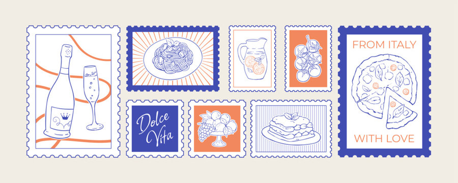 Mediterranean dinner food stamp set with pizza, spaghetti, dessert and wine in linear italian sketch style. Handdrawn orange and white illustration for restaurant menu, cafe graphic design vintage