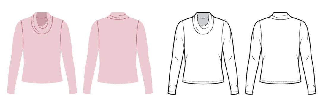 Long sleeve cowl neck top draped neckline oversized silhouette, soft folds shaping smooth structure. Technical fashion illustration in black white color, front back views, CAD template. Vector